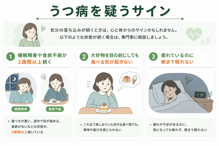 眠れない日が続いたり食欲が全くない場合はうつ病が疑われる