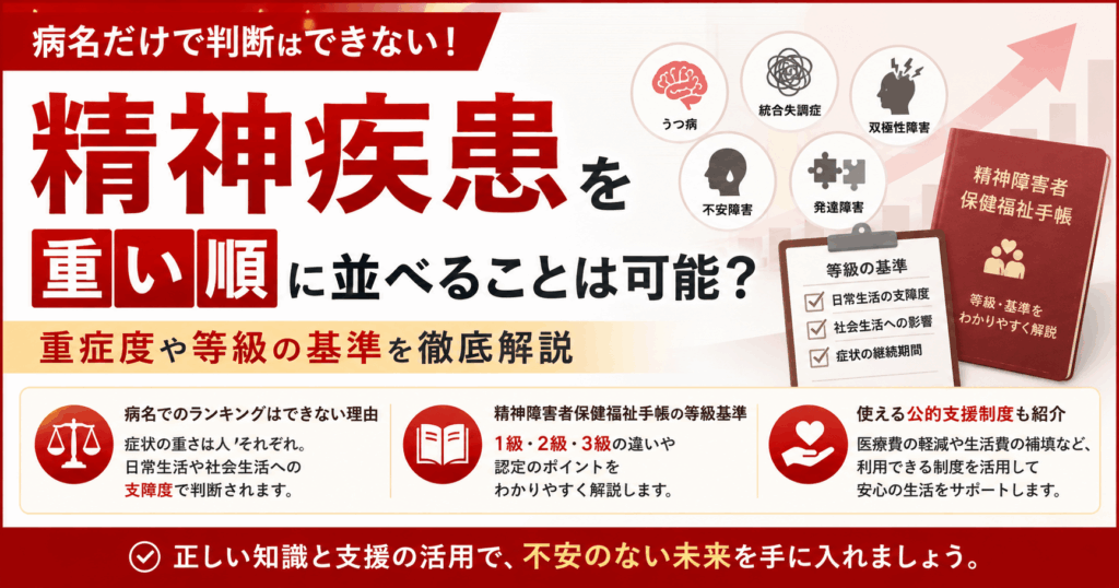 精神疾患を重い順に並べることは可能？重症度や等級の基準を徹底解説
