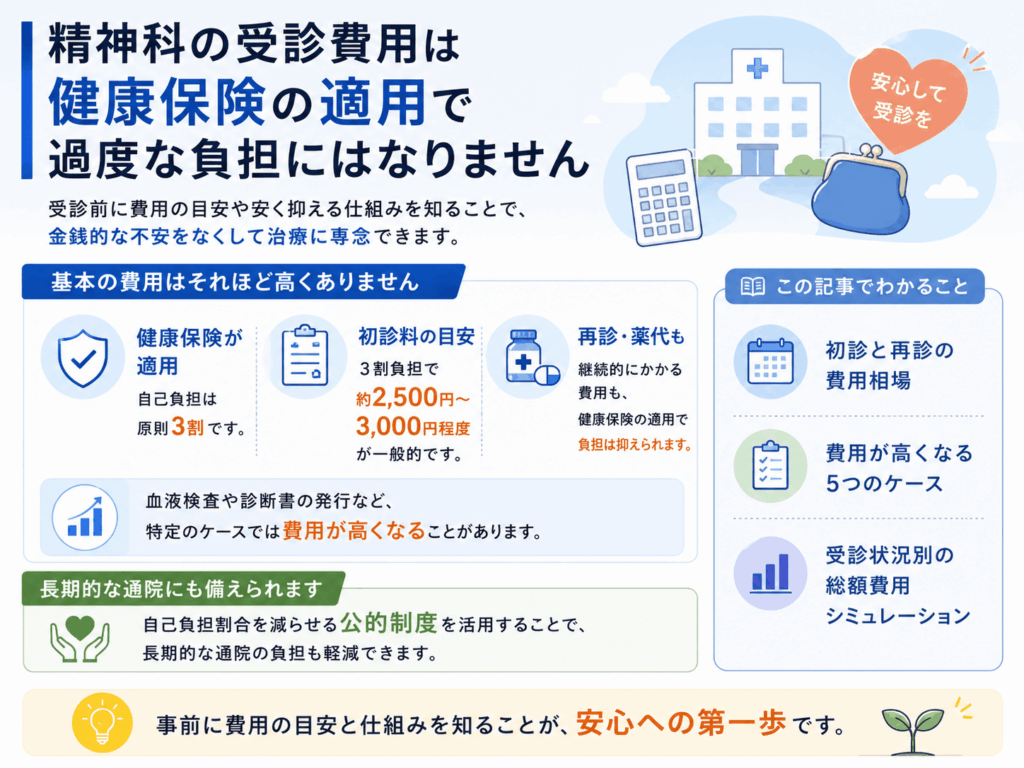 精神科の受診費用は健康保険の適用で角な負担にはならないことを示す画像