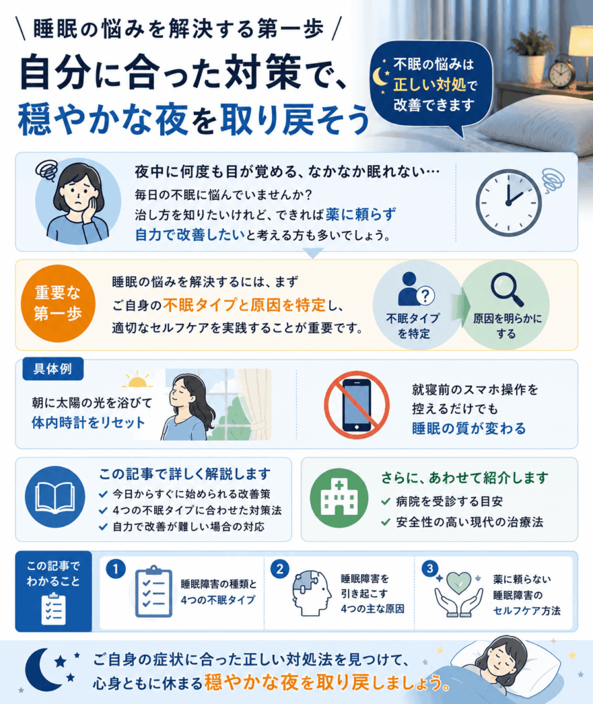 自分に合った対策で穏やかな夜を取り戻せることを示す画像