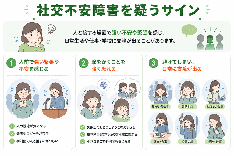 人前で極度に緊張して声が震える場合は社交不安障害が疑われる