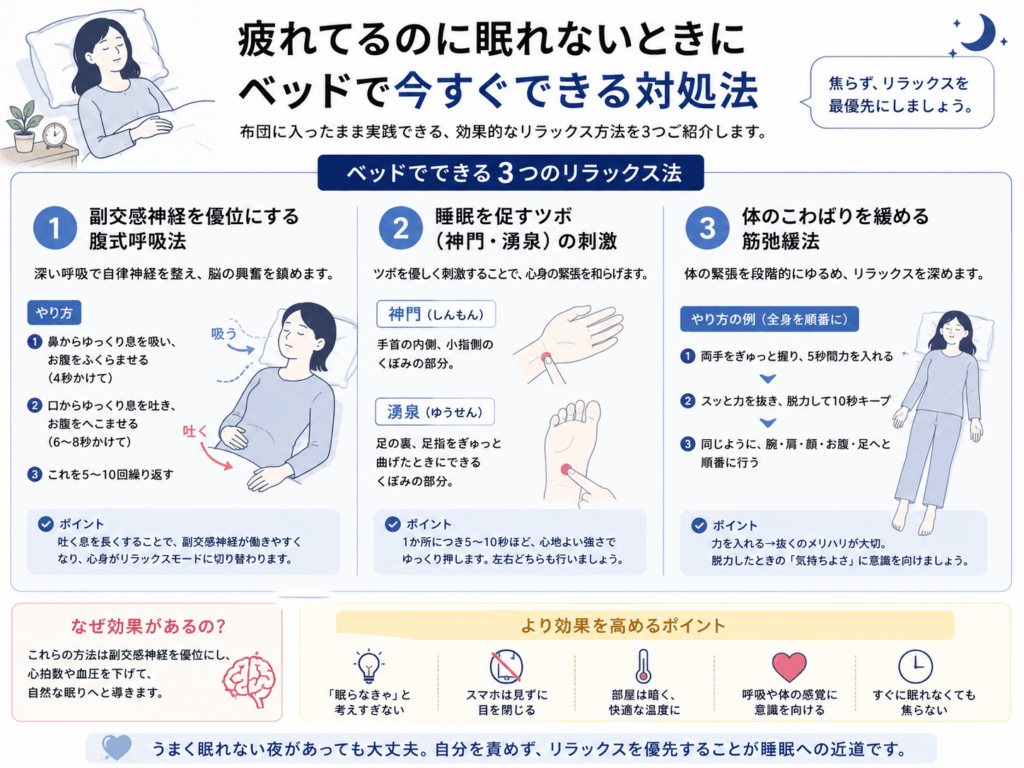 疲れてるのに眠れないときにベッドで今すぐできる対処法画像